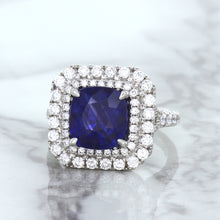 Load image into Gallery viewer, 4.35ct Cushion Blue Sapphire Ring with Double Diamond Halo in 18K White Gold