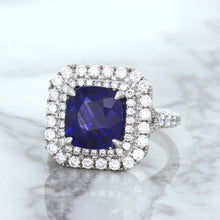 Load image into Gallery viewer, 4.35ct Cushion Blue Sapphire Ring with Double Diamond Halo in 18K White Gold