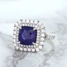 Load image into Gallery viewer, 4.35ct Cushion Blue Sapphire Ring with Double Diamond Halo in 18K White Gold