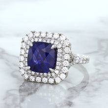 Load image into Gallery viewer, 4.35ct Cushion Blue Sapphire Ring with Double Diamond Halo in 18K White Gold