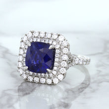 Load image into Gallery viewer, 4.35ct Cushion Blue Sapphire Ring with Double Diamond Halo in 18K White Gold