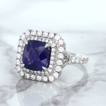 Load image into Gallery viewer, 4.35ct Cushion Blue Sapphire Ring with Double Diamond Halo in 18K White Gold