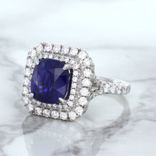 Load image into Gallery viewer, 4.35ct Cushion Blue Sapphire Ring with Double Diamond Halo in 18K White Gold