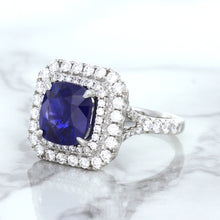 Load image into Gallery viewer, 4.35ct Cushion Blue Sapphire Ring with Double Diamond Halo in 18K White Gold