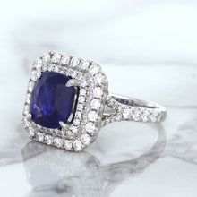 Load image into Gallery viewer, 4.35ct Cushion Blue Sapphire Ring with Double Diamond Halo in 18K White Gold