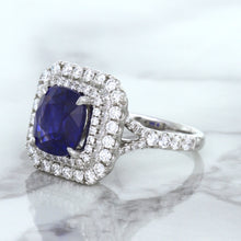 Load image into Gallery viewer, 4.35ct Cushion Blue Sapphire Ring with Double Diamond Halo in 18K White Gold