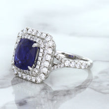 Load image into Gallery viewer, 4.35ct Cushion Blue Sapphire Ring with Double Diamond Halo in 18K White Gold