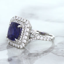 Load image into Gallery viewer, 4.35ct Cushion Blue Sapphire Ring with Double Diamond Halo in 18K White Gold
