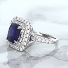 Load image into Gallery viewer, 4.35ct Cushion Blue Sapphire Ring with Double Diamond Halo in 18K White Gold