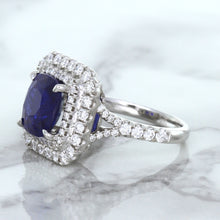 Load image into Gallery viewer, 4.35ct Cushion Blue Sapphire Ring with Double Diamond Halo in 18K White Gold