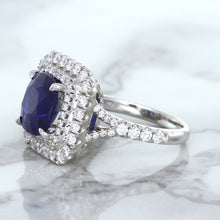 Load image into Gallery viewer, 4.35ct Cushion Blue Sapphire Ring with Double Diamond Halo in 18K White Gold