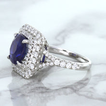Load image into Gallery viewer, 4.35ct Cushion Blue Sapphire Ring with Double Diamond Halo in 18K White Gold
