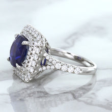 Load image into Gallery viewer, 4.35ct Cushion Blue Sapphire Ring with Double Diamond Halo in 18K White Gold