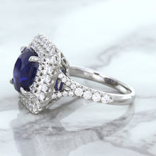 Load image into Gallery viewer, 4.35ct Cushion Blue Sapphire Ring with Double Diamond Halo in 18K White Gold