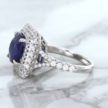 Load image into Gallery viewer, 4.35ct Cushion Blue Sapphire Ring with Double Diamond Halo in 18K White Gold