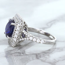 Load image into Gallery viewer, 4.35ct Cushion Blue Sapphire Ring with Double Diamond Halo in 18K White Gold