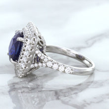 Load image into Gallery viewer, 4.35ct Cushion Blue Sapphire Ring with Double Diamond Halo in 18K White Gold