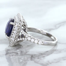 Load image into Gallery viewer, 4.35ct Cushion Blue Sapphire Ring with Double Diamond Halo in 18K White Gold