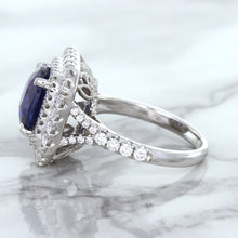 Load image into Gallery viewer, 4.35ct Cushion Blue Sapphire Ring with Double Diamond Halo in 18K White Gold