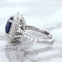 Load image into Gallery viewer, 4.35ct Cushion Blue Sapphire Ring with Double Diamond Halo in 18K White Gold