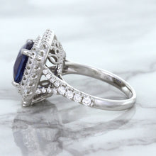 Load image into Gallery viewer, 4.35ct Cushion Blue Sapphire Ring with Double Diamond Halo in 18K White Gold