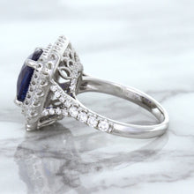 Load image into Gallery viewer, 4.35ct Cushion Blue Sapphire Ring with Double Diamond Halo in 18K White Gold