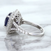 Load image into Gallery viewer, 4.35ct Cushion Blue Sapphire Ring with Double Diamond Halo in 18K White Gold