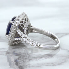 Load image into Gallery viewer, 4.35ct Cushion Blue Sapphire Ring with Double Diamond Halo in 18K White Gold