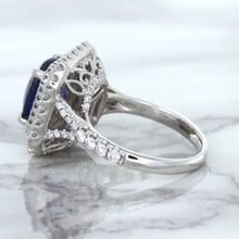 Load image into Gallery viewer, 4.35ct Cushion Blue Sapphire Ring with Double Diamond Halo in 18K White Gold