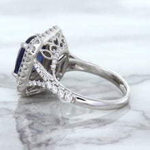 Load image into Gallery viewer, 4.35ct Cushion Blue Sapphire Ring with Double Diamond Halo in 18K White Gold