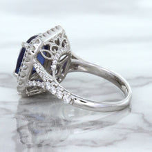 Load image into Gallery viewer, 4.35ct Cushion Blue Sapphire Ring with Double Diamond Halo in 18K White Gold
