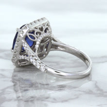 Load image into Gallery viewer, 4.35ct Cushion Blue Sapphire Ring with Double Diamond Halo in 18K White Gold