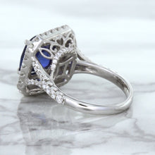 Load image into Gallery viewer, 4.35ct Cushion Blue Sapphire Ring with Double Diamond Halo in 18K White Gold