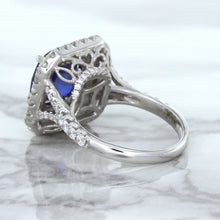 Load image into Gallery viewer, 4.35ct Cushion Blue Sapphire Ring with Double Diamond Halo in 18K White Gold