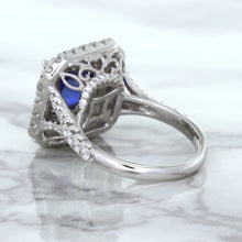 Load image into Gallery viewer, 4.35ct Cushion Blue Sapphire Ring with Double Diamond Halo in 18K White Gold