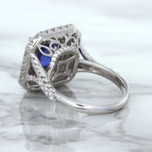 Load image into Gallery viewer, 4.35ct Cushion Blue Sapphire Ring with Double Diamond Halo in 18K White Gold