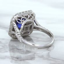 Load image into Gallery viewer, 4.35ct Cushion Blue Sapphire Ring with Double Diamond Halo in 18K White Gold