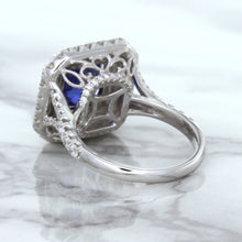 Load image into Gallery viewer, 4.35ct Cushion Blue Sapphire Ring with Double Diamond Halo in 18K White Gold