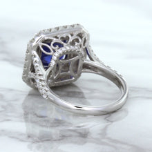 Load image into Gallery viewer, 4.35ct Cushion Blue Sapphire Ring with Double Diamond Halo in 18K White Gold