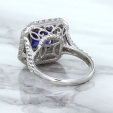 Load image into Gallery viewer, 4.35ct Cushion Blue Sapphire Ring with Double Diamond Halo in 18K White Gold