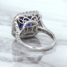 Load image into Gallery viewer, 4.35ct Cushion Blue Sapphire Ring with Double Diamond Halo in 18K White Gold