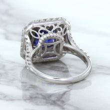 Load image into Gallery viewer, 4.35ct Cushion Blue Sapphire Ring with Double Diamond Halo in 18K White Gold