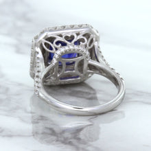 Load image into Gallery viewer, 4.35ct Cushion Blue Sapphire Ring with Double Diamond Halo in 18K White Gold