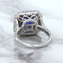 Load image into Gallery viewer, 4.35ct Cushion Blue Sapphire Ring with Double Diamond Halo in 18K White Gold