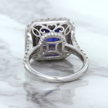 Load image into Gallery viewer, 4.35ct Cushion Blue Sapphire Ring with Double Diamond Halo in 18K White Gold