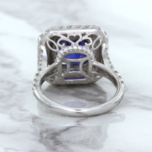 Load image into Gallery viewer, 4.35ct Cushion Blue Sapphire Ring with Double Diamond Halo in 18K White Gold