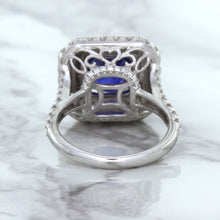 Load image into Gallery viewer, 4.35ct Cushion Blue Sapphire Ring with Double Diamond Halo in 18K White Gold