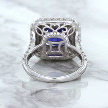 Load image into Gallery viewer, 4.35ct Cushion Blue Sapphire Ring with Double Diamond Halo in 18K White Gold