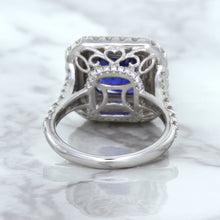 Load image into Gallery viewer, 4.35ct Cushion Blue Sapphire Ring with Double Diamond Halo in 18K White Gold