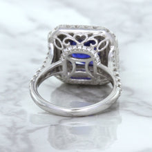Load image into Gallery viewer, 4.35ct Cushion Blue Sapphire Ring with Double Diamond Halo in 18K White Gold
